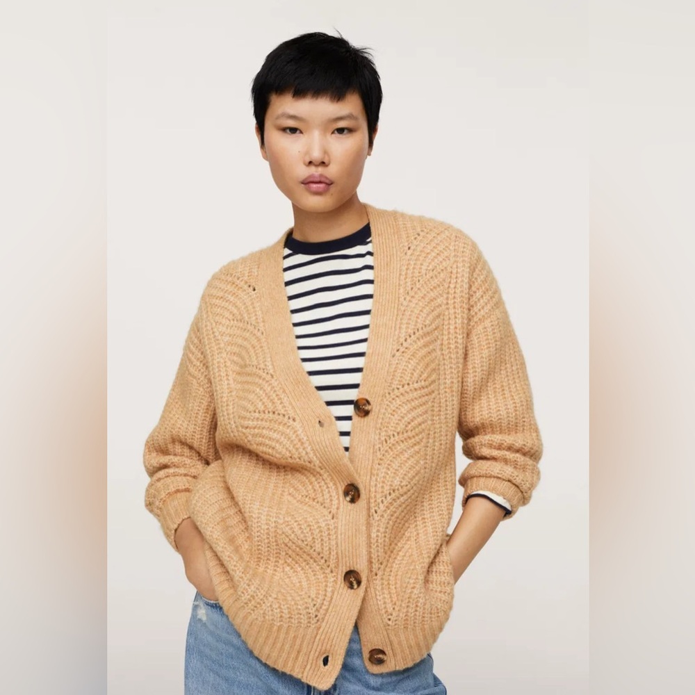 mng tan chunky knit oversized cardigan sweater